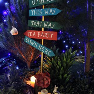 Mad hatter enchanted forest theme party event avenue sign woodland